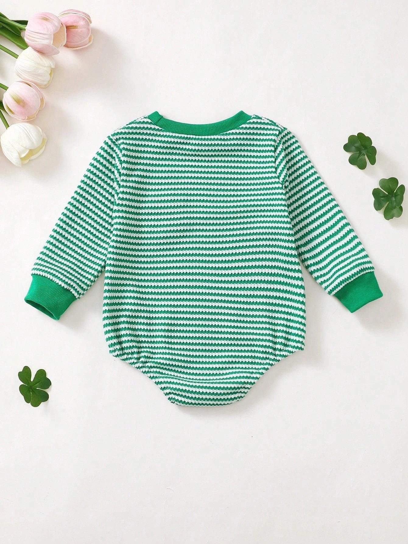 Adorable St. Patrick's Day Outfit: Clover Embroidered Green Striped Romper