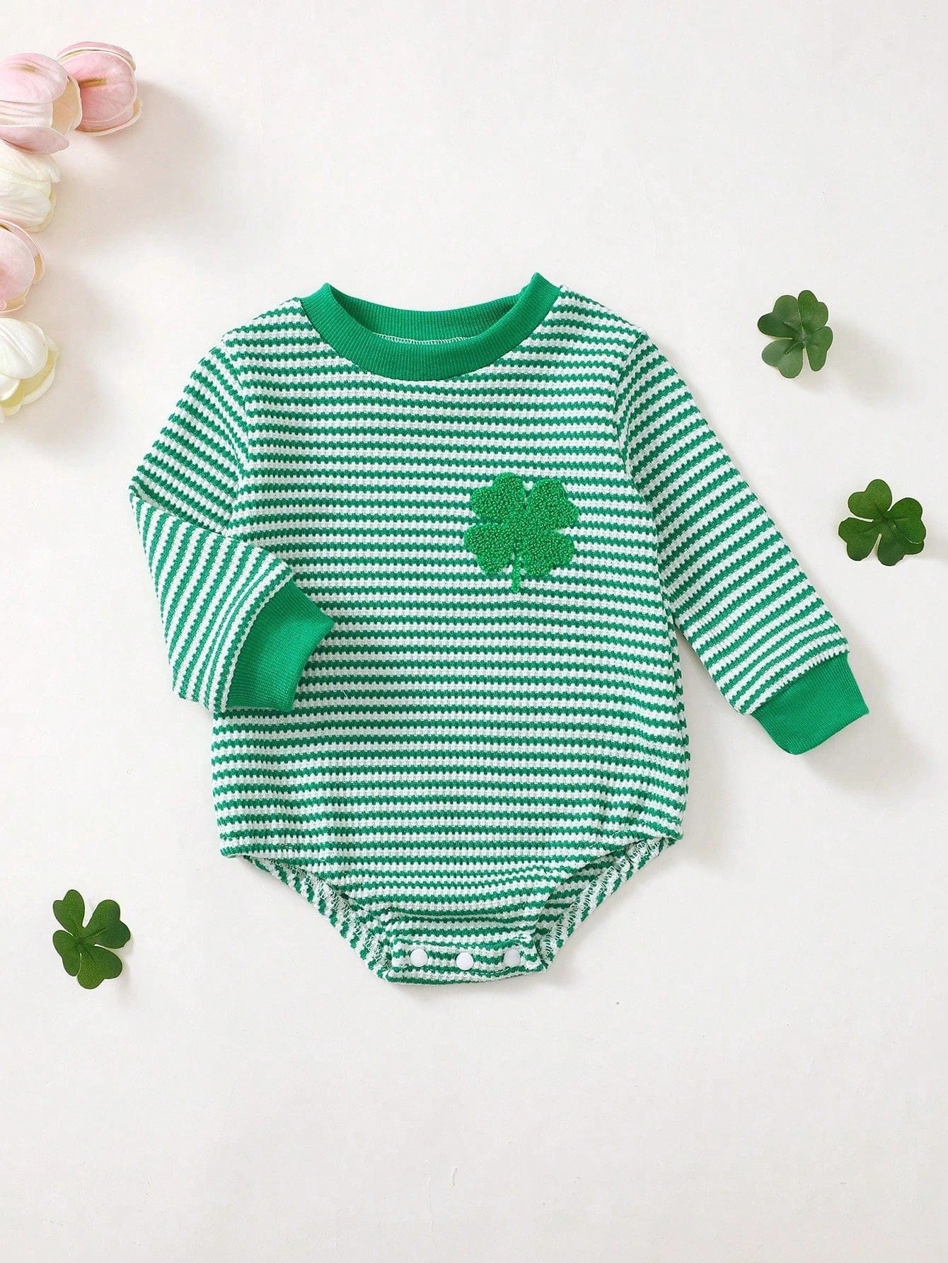 Adorable St. Patrick's Day Outfit: Clover Embroidered Green Striped Romper