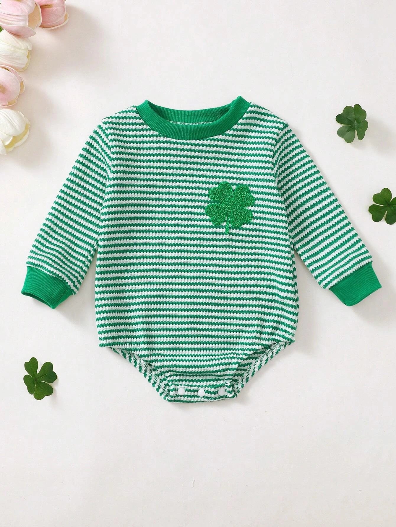 Adorable St. Patrick's Day Outfit: Clover Embroidered Green Striped Romper
