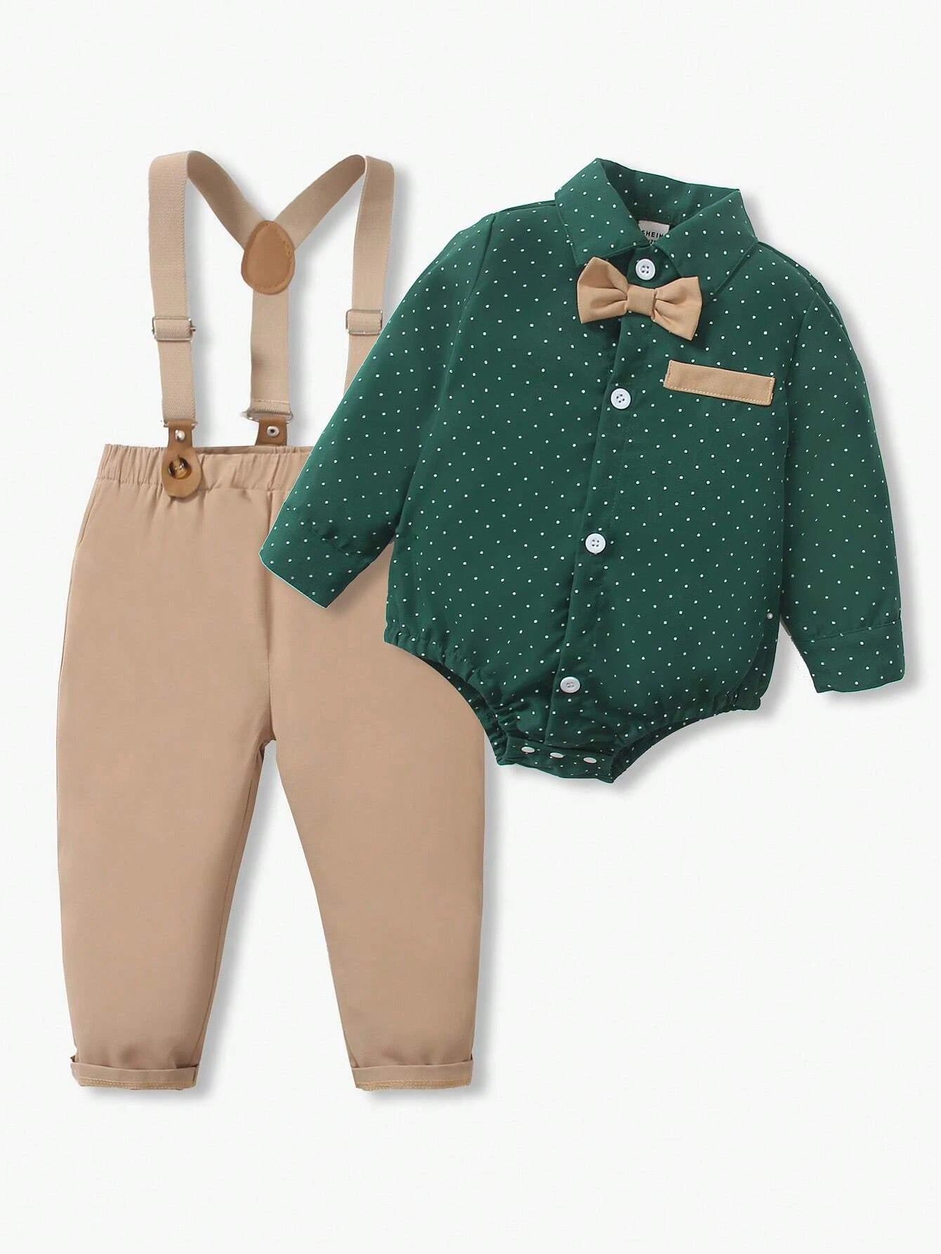 St. Patrick's Day Outfit: Baby Boy Polka Dot Bow Tie Shirt & Suspender Pants Set