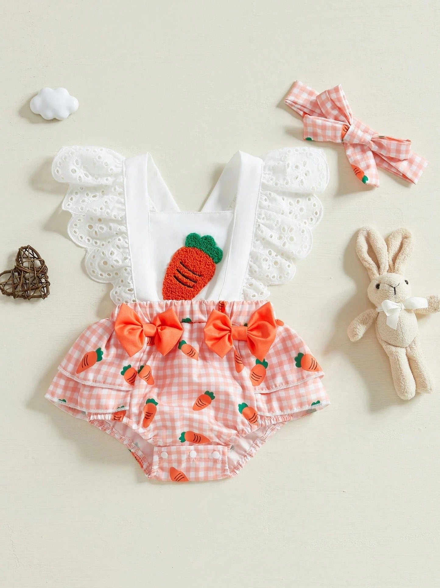 Charming Baby Easter Outfit: Carrot Print Bodysuit with Bow Headband