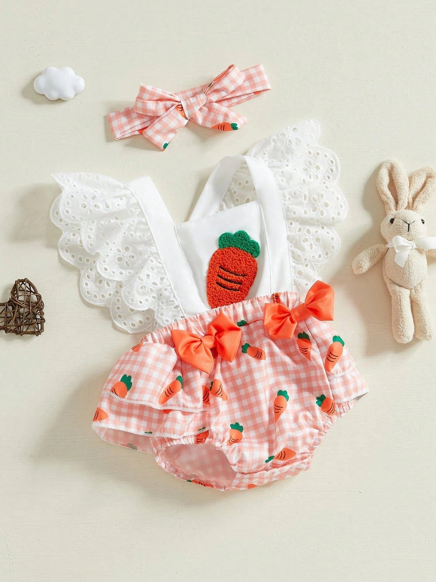 Charming Baby Easter Outfit: Carrot Print Bodysuit with Bow Headband
