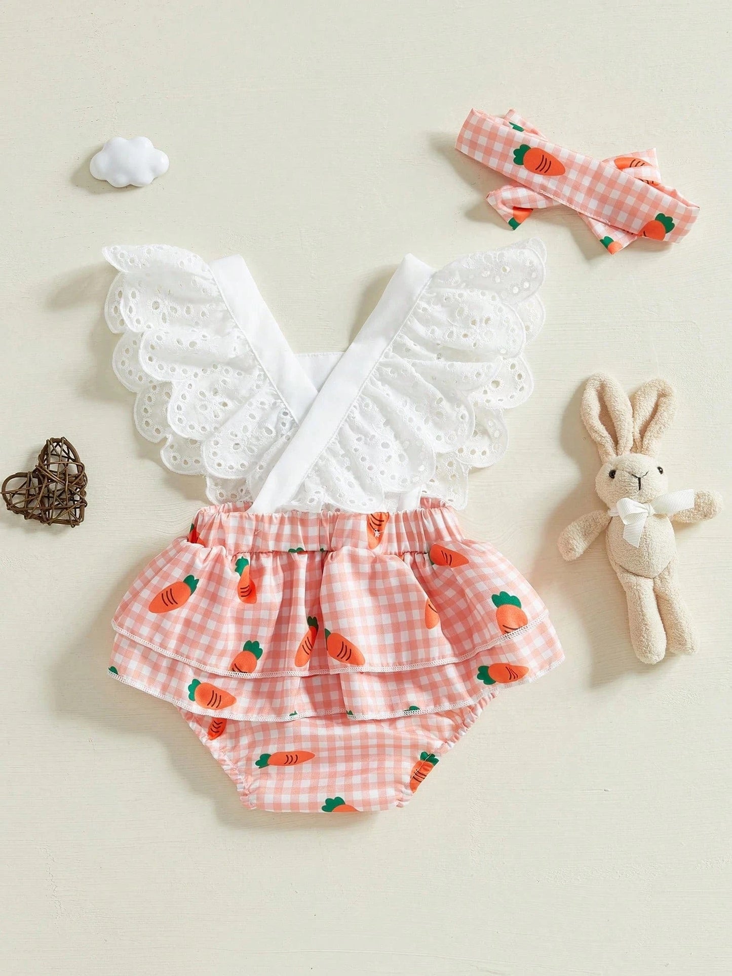 Charming Baby Easter Outfit: Carrot Print Bodysuit with Bow Headband