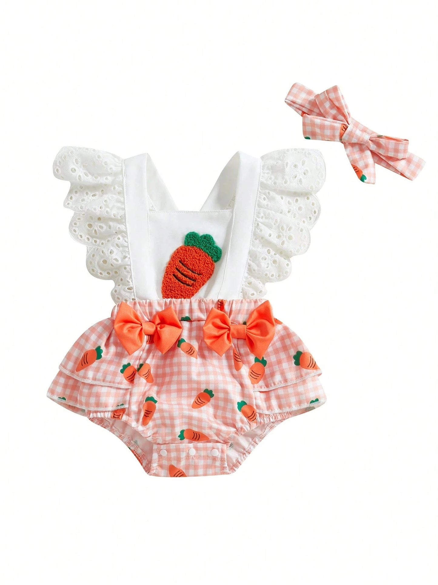 Charming Baby Easter Outfit: Carrot Print Bodysuit with Bow Headband