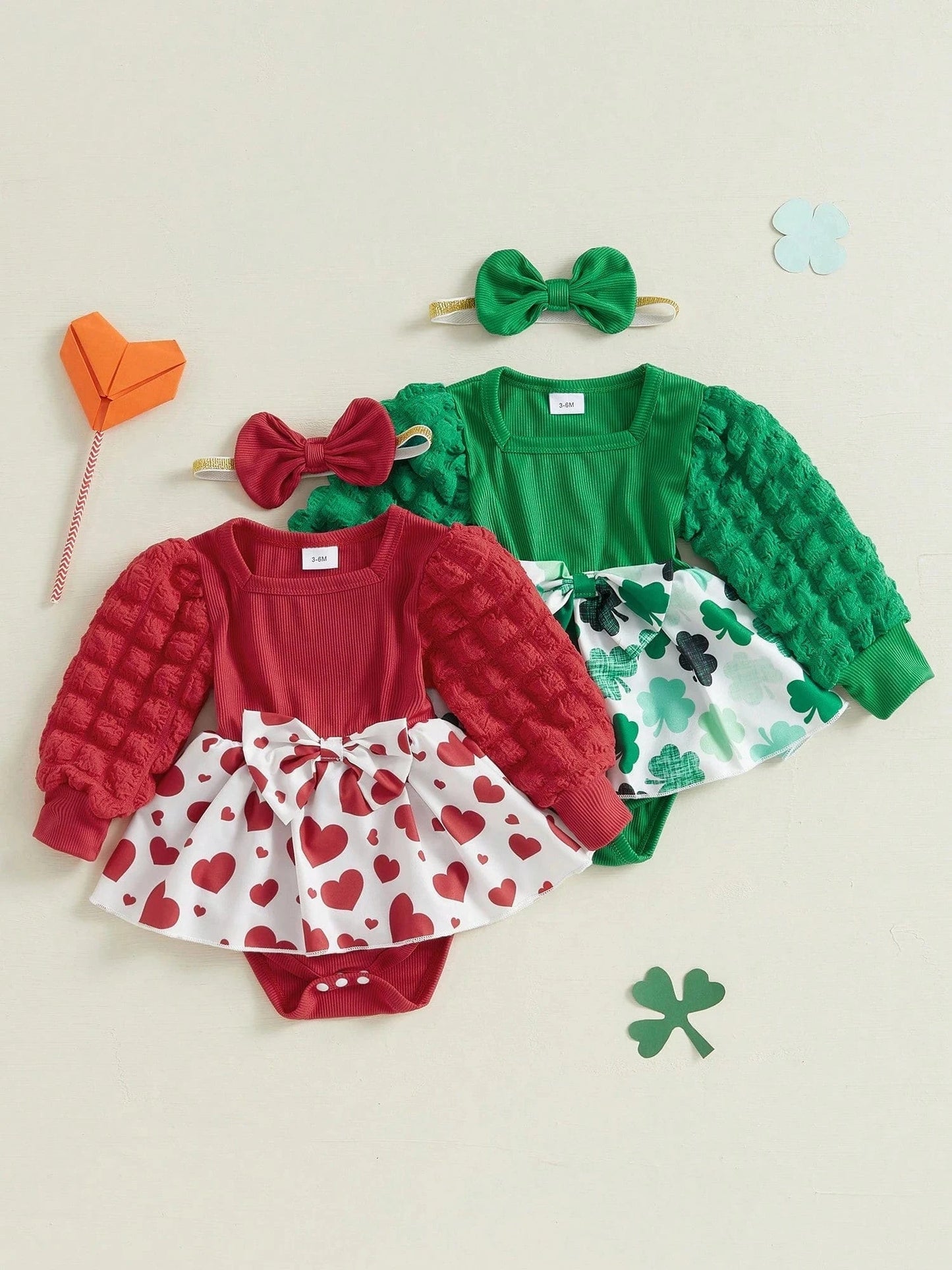 Charming St. Patrick's Day Outfit: Long Puff Sleeve Romper Dress with Headband for Newborns