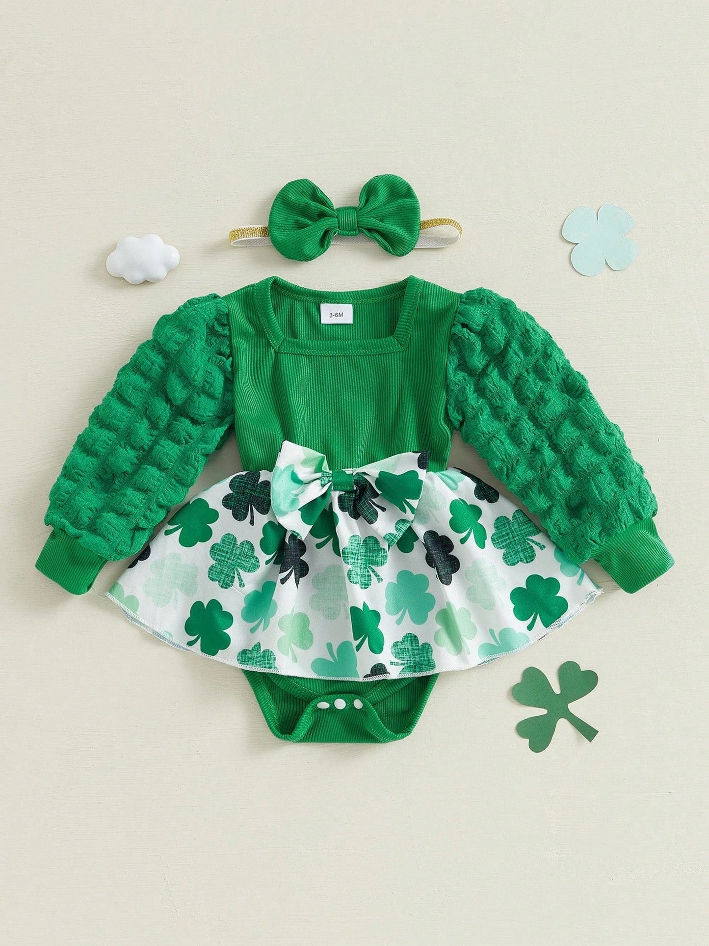Charming St. Patrick's Day Outfit: Long Puff Sleeve Romper Dress with Headband for Newborns