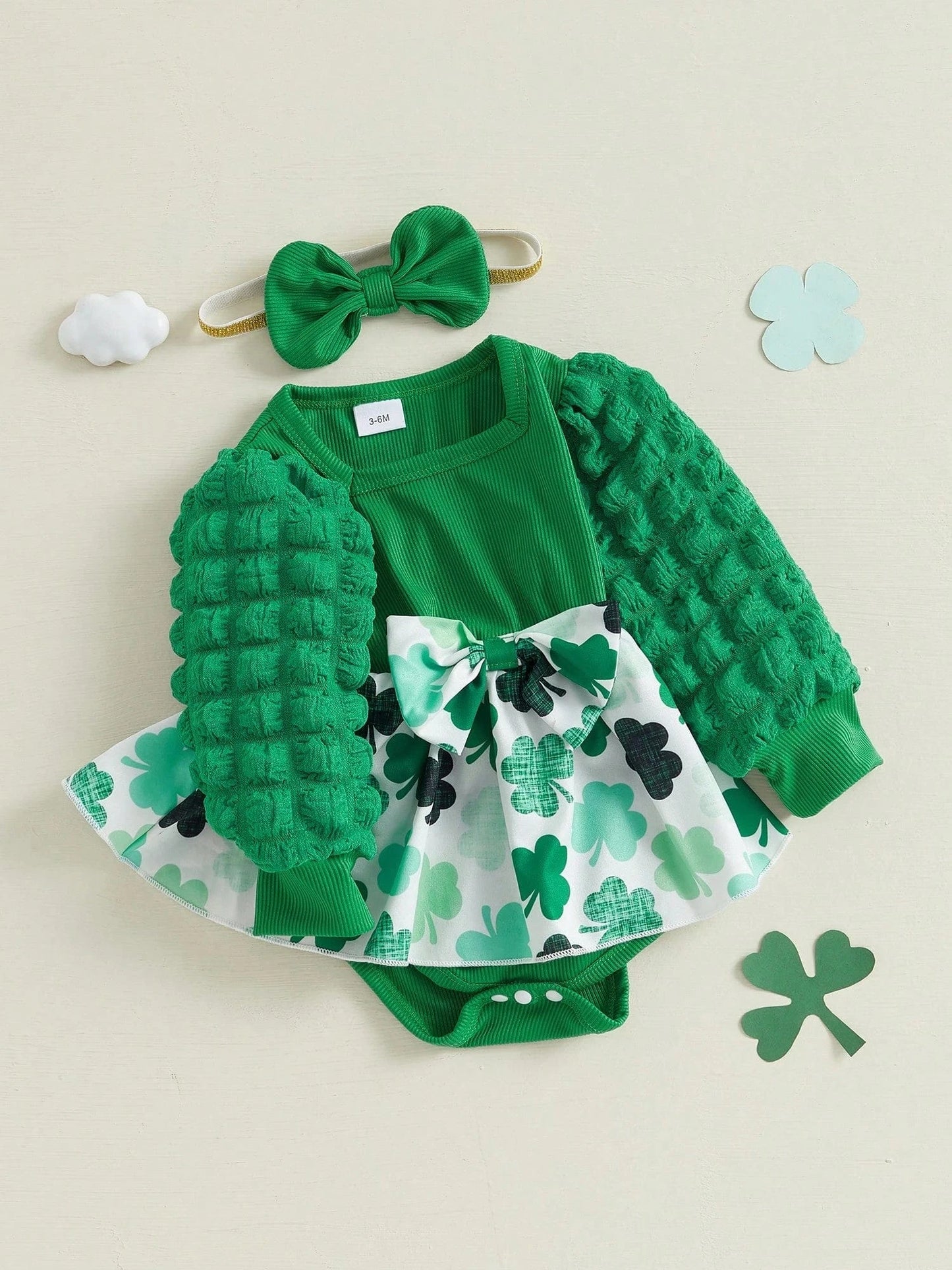 Charming St. Patrick's Day Outfit: Long Puff Sleeve Romper Dress with Headband for Newborns