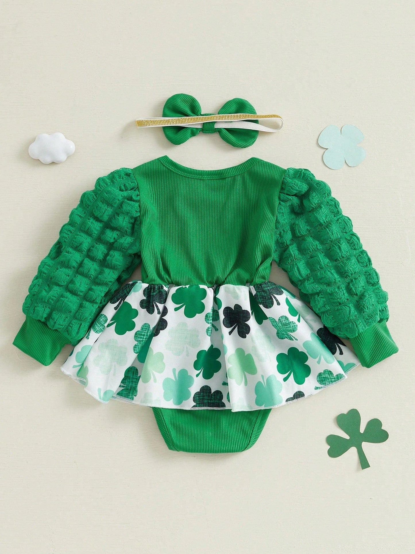 Charming St. Patrick's Day Outfit: Long Puff Sleeve Romper Dress with Headband for Newborns