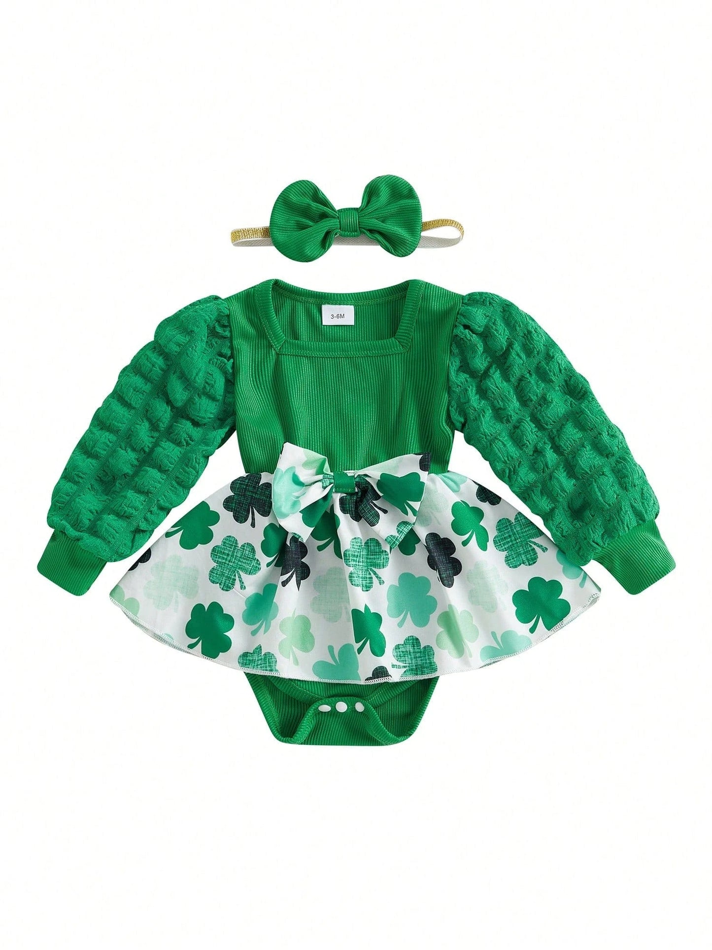 Charming St. Patrick's Day Outfit: Long Puff Sleeve Romper Dress with Headband for Newborns