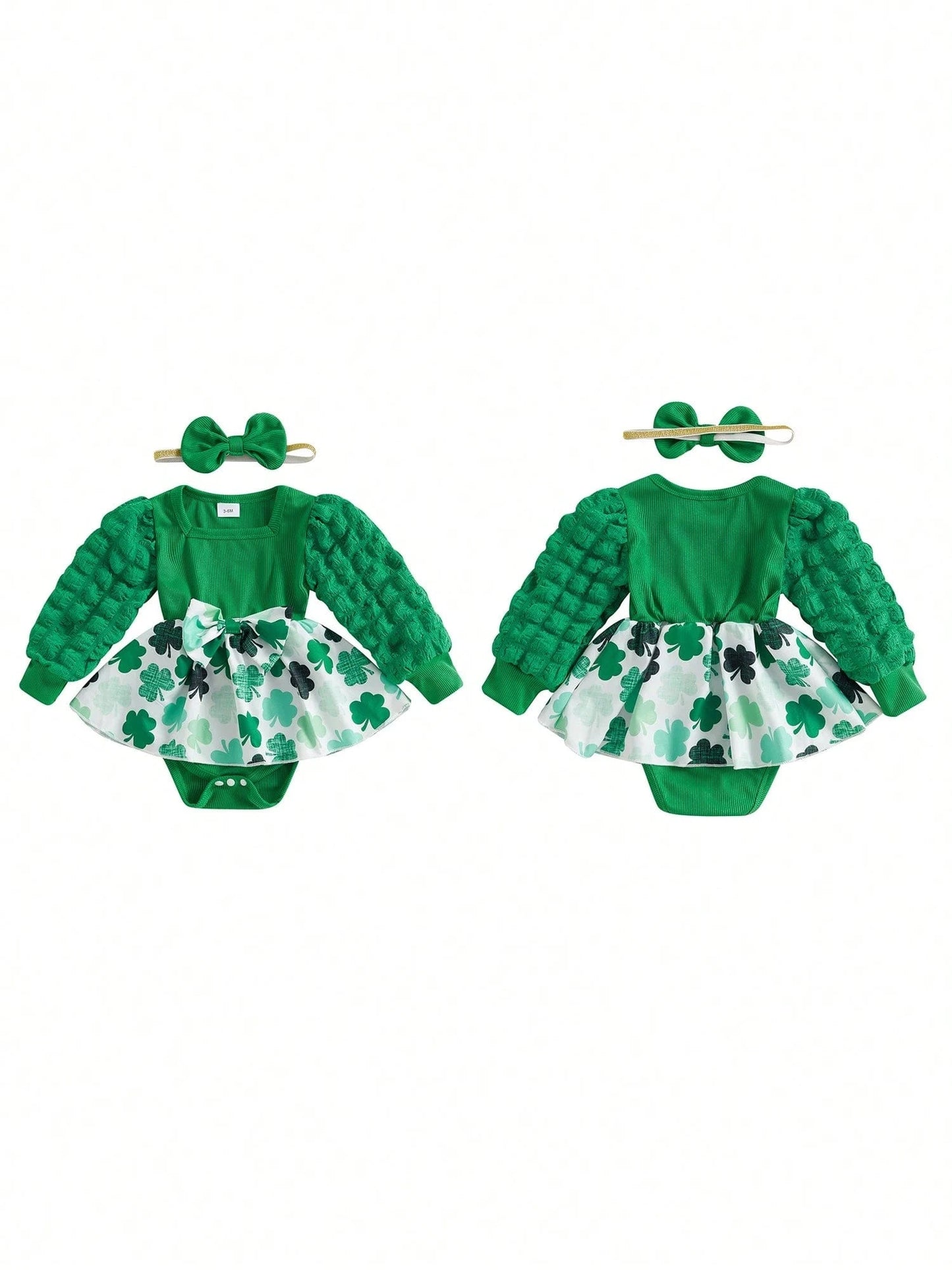 Charming St. Patrick's Day Outfit: Long Puff Sleeve Romper Dress with Headband for Newborns