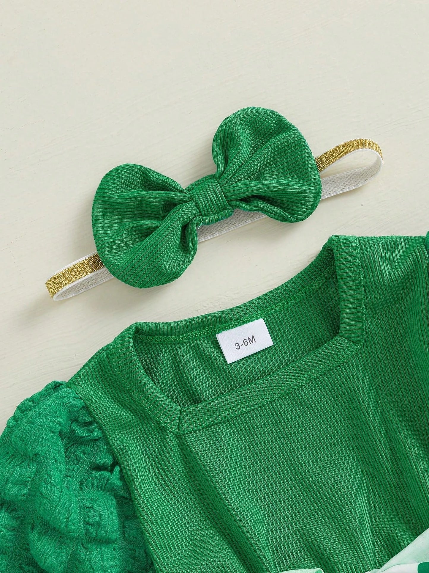 Charming St. Patrick's Day Outfit: Long Puff Sleeve Romper Dress with Headband for Newborns