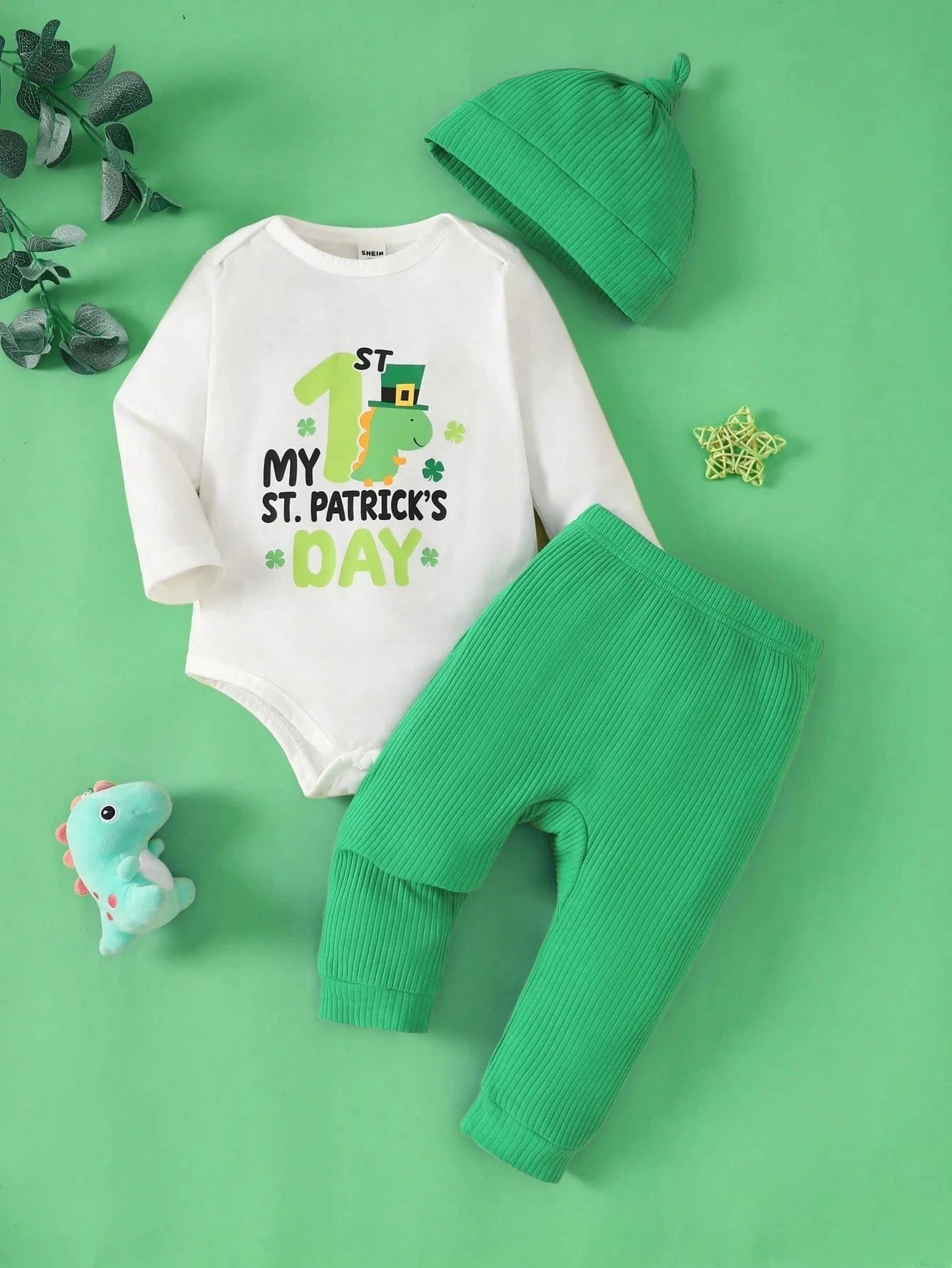 Adorable St. Patrick's Day Outfit for Babies: Dinosaur Romper, Pants & Hat Set