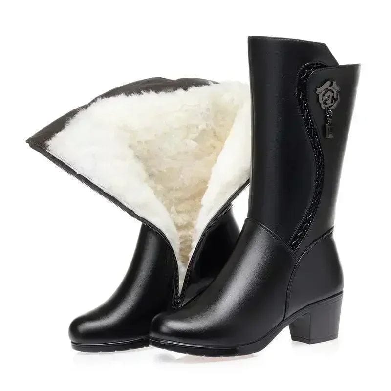 Snow Boots Women High-Heeled Leather