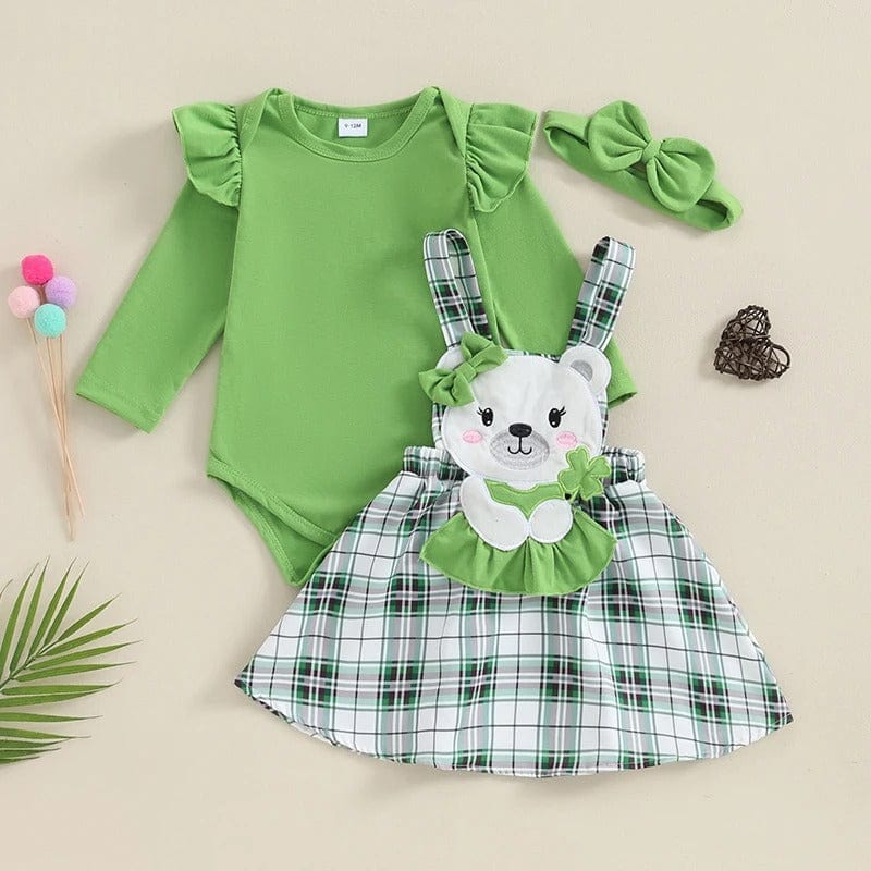 Complete Baby St. Patrick’s Outfit with Skirt, Romper, and Headband