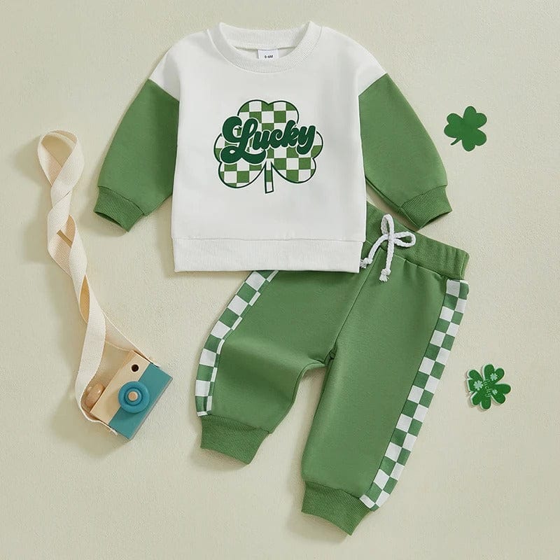 St. Patrick's Day Baby Clover Outfit Set - Lucky Shamrock Sweatshirt and Pants