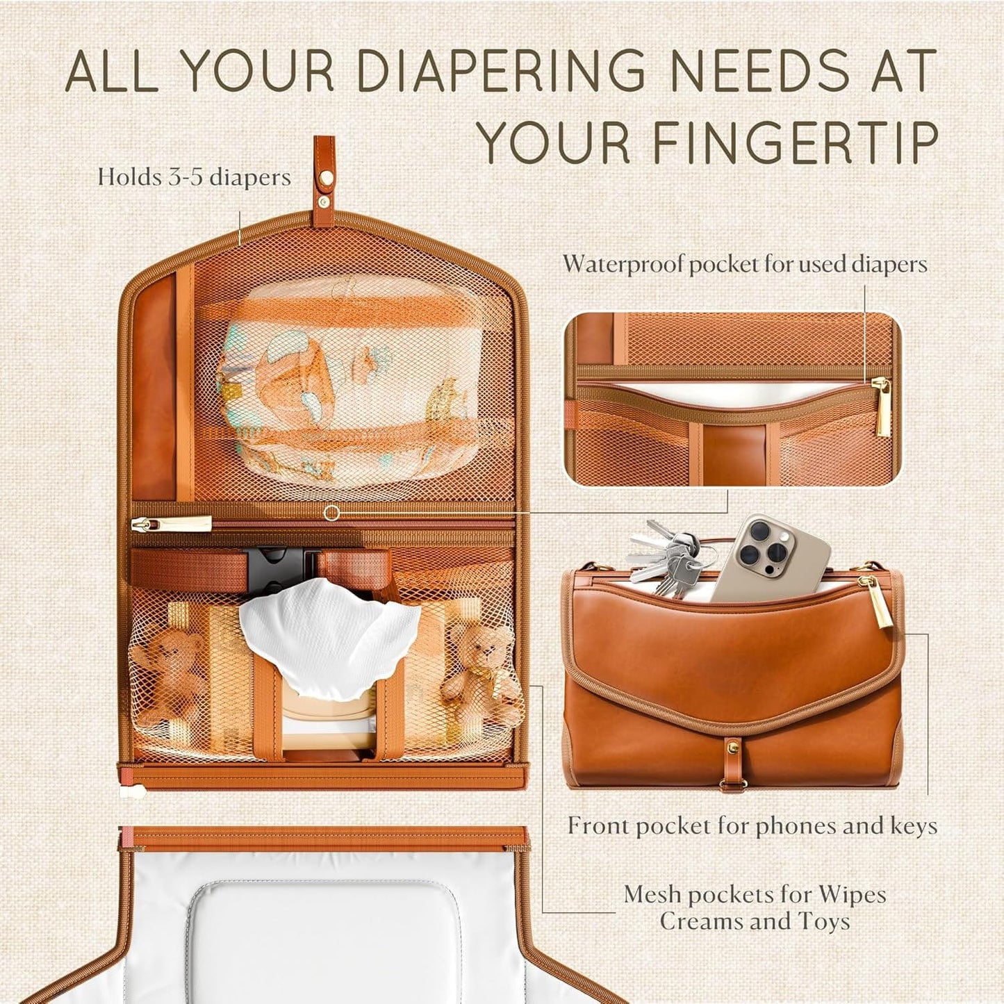 Luxe Vegan Leather Portable Diaper Bag with Changing Pad