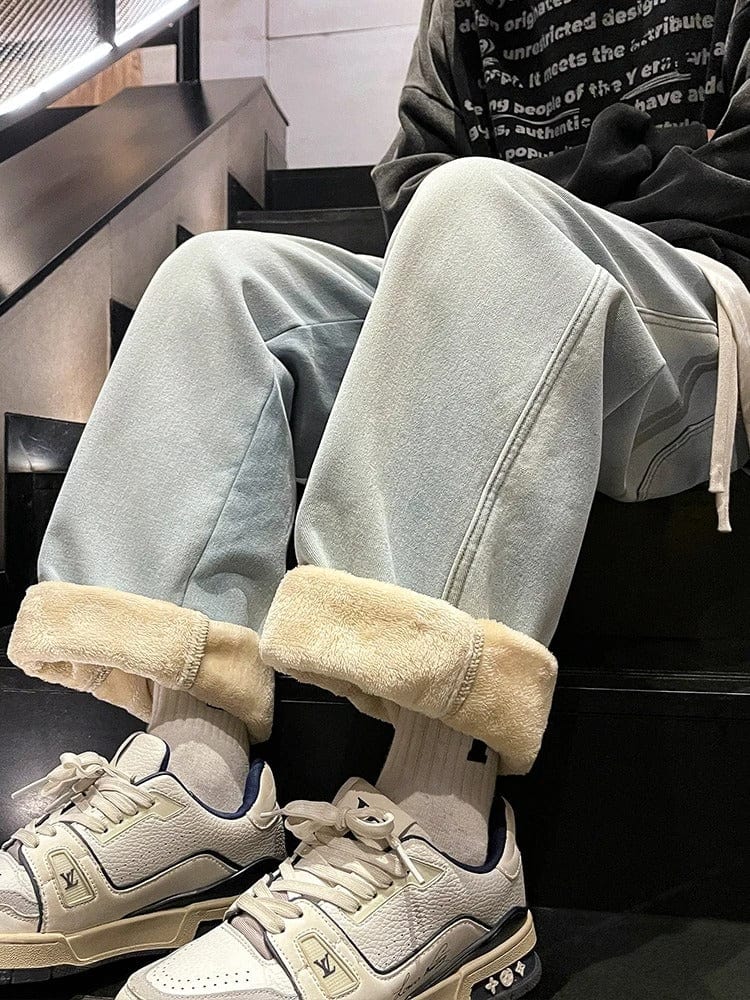 Winter Men's Fleece Lined Jeans - Warm Straight Denim Pants with Retro