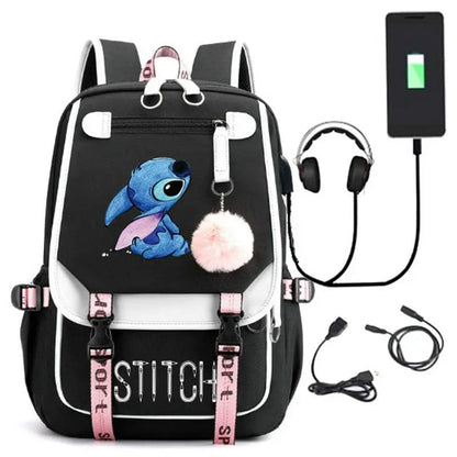 Stitch Backpack USB Charging for Boys and Girls