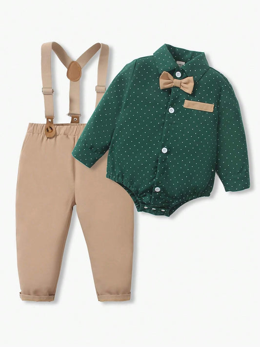 St. Patrick's Day Outfit: Baby Boy Polka Dot Bow Tie Shirt & Suspender Pants Set