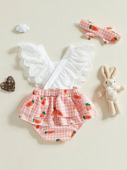 Charming Baby Easter Outfit: Carrot Print Bodysuit with Bow Headband