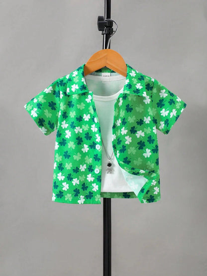 St. Patrick's Day Outfit: Tricolor Clover Button-Up Shirt for Boys