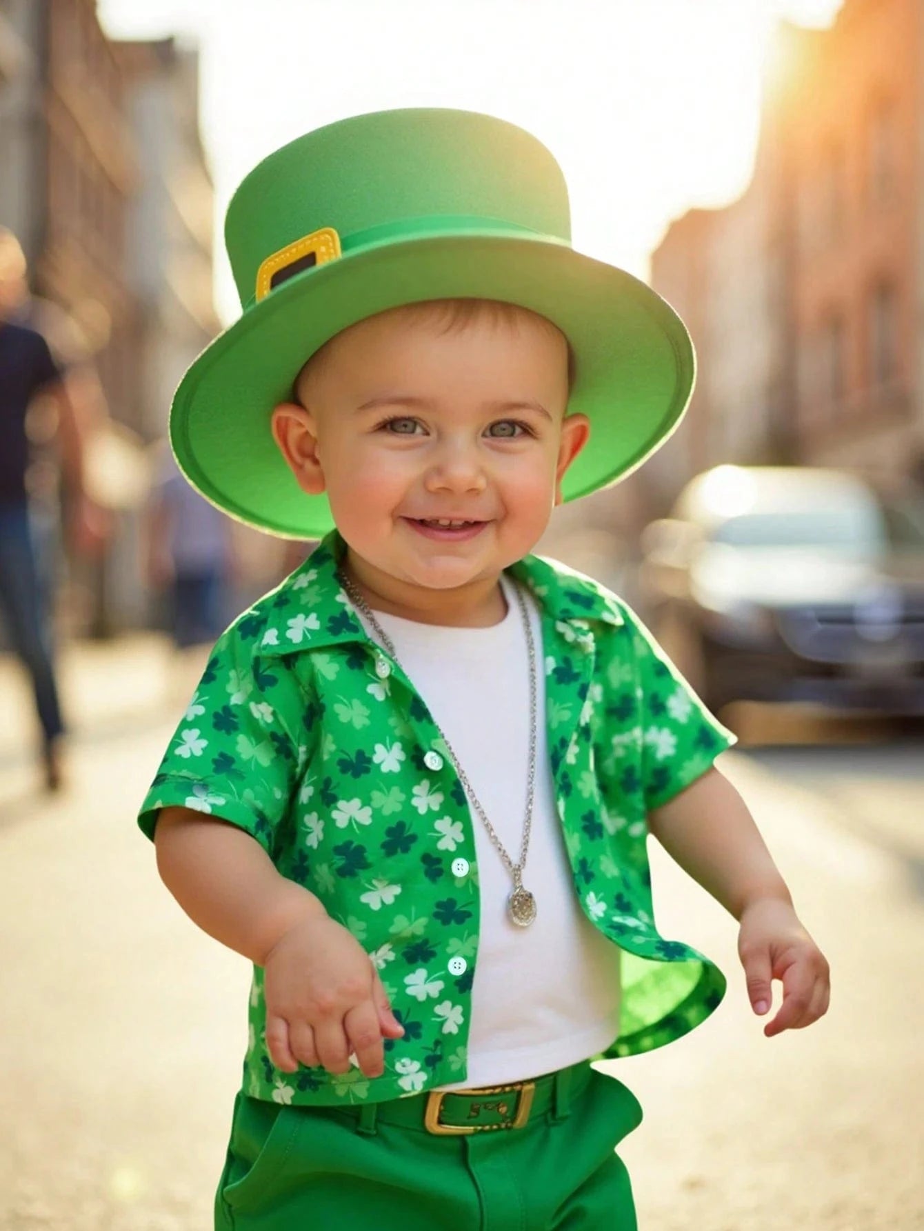 St. Patrick's Day Outfit: Tricolor Clover Button-Up Shirt for Boys