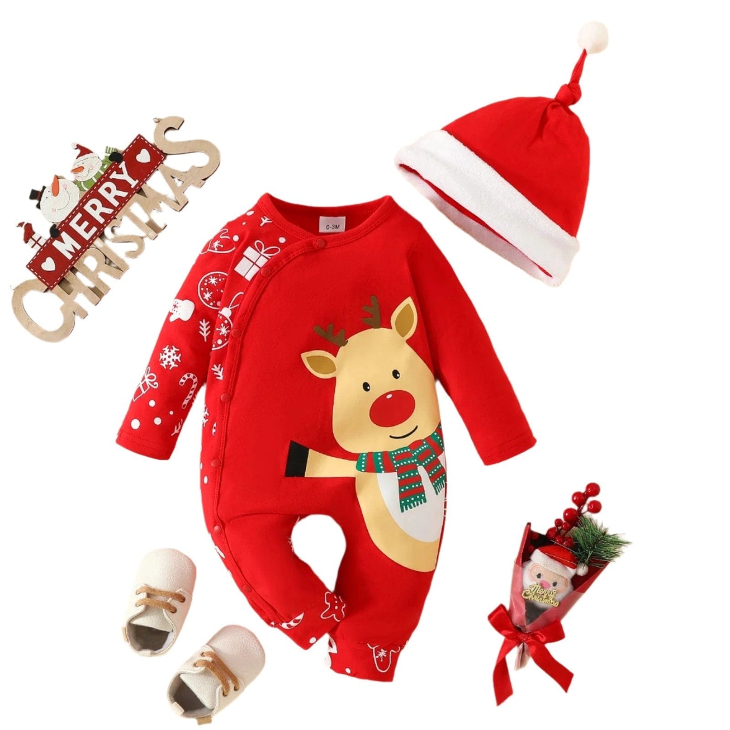 Reindeer Baby Christmas Pajamas & Hat Set