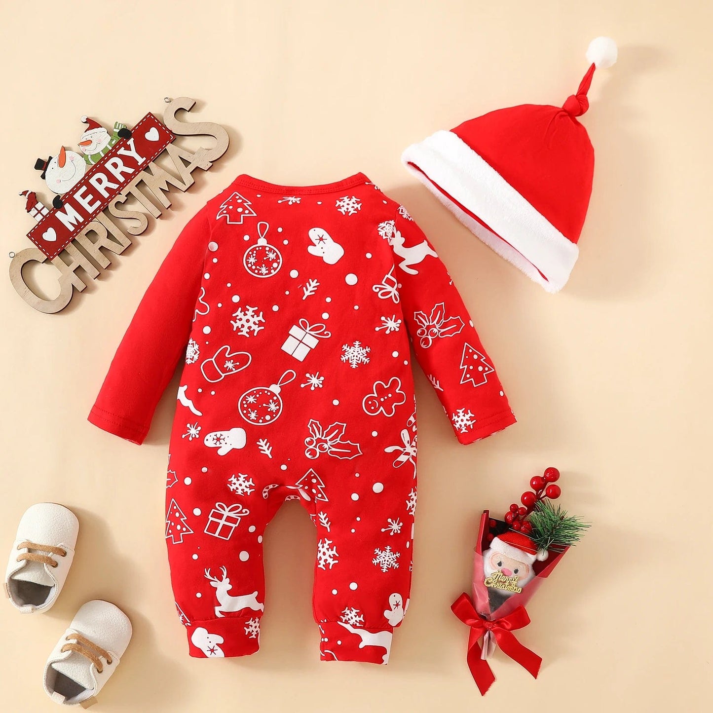 Reindeer Baby Christmas Pajamas & Hat Set