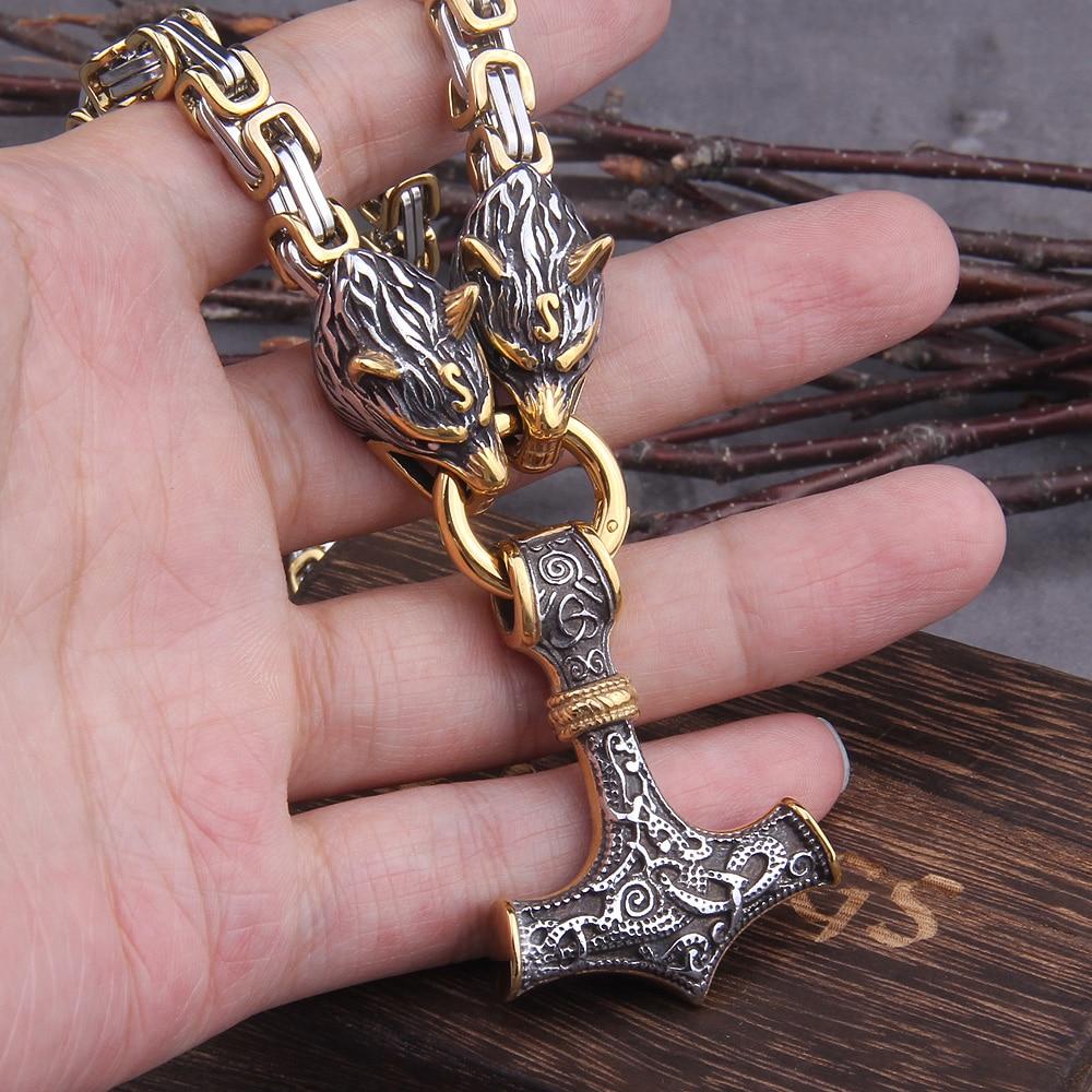 Viking-Inspired Double Wolf & Mjolnir Necklace/Bracelet