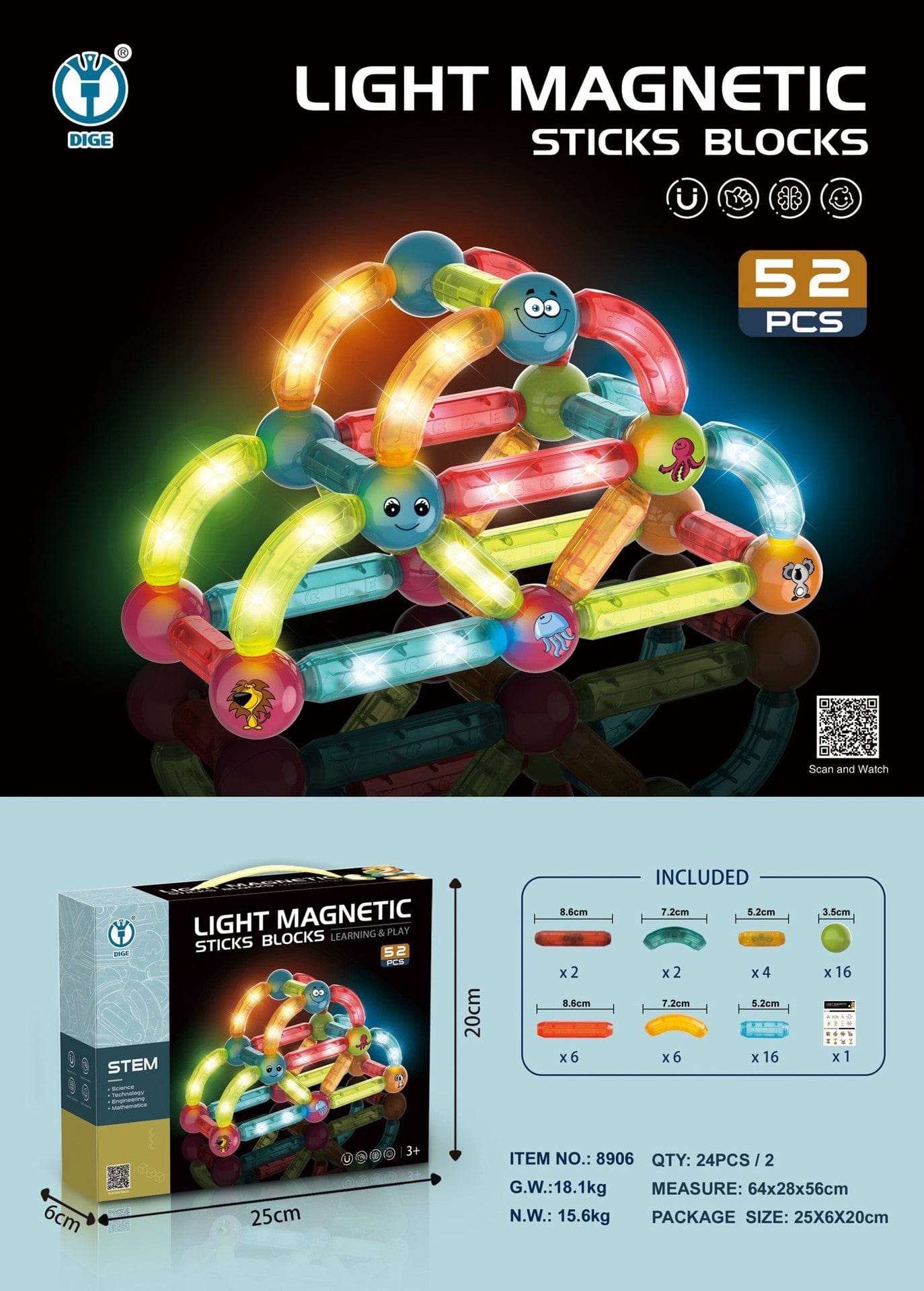 Light Magnetic Sticks Blocks Set