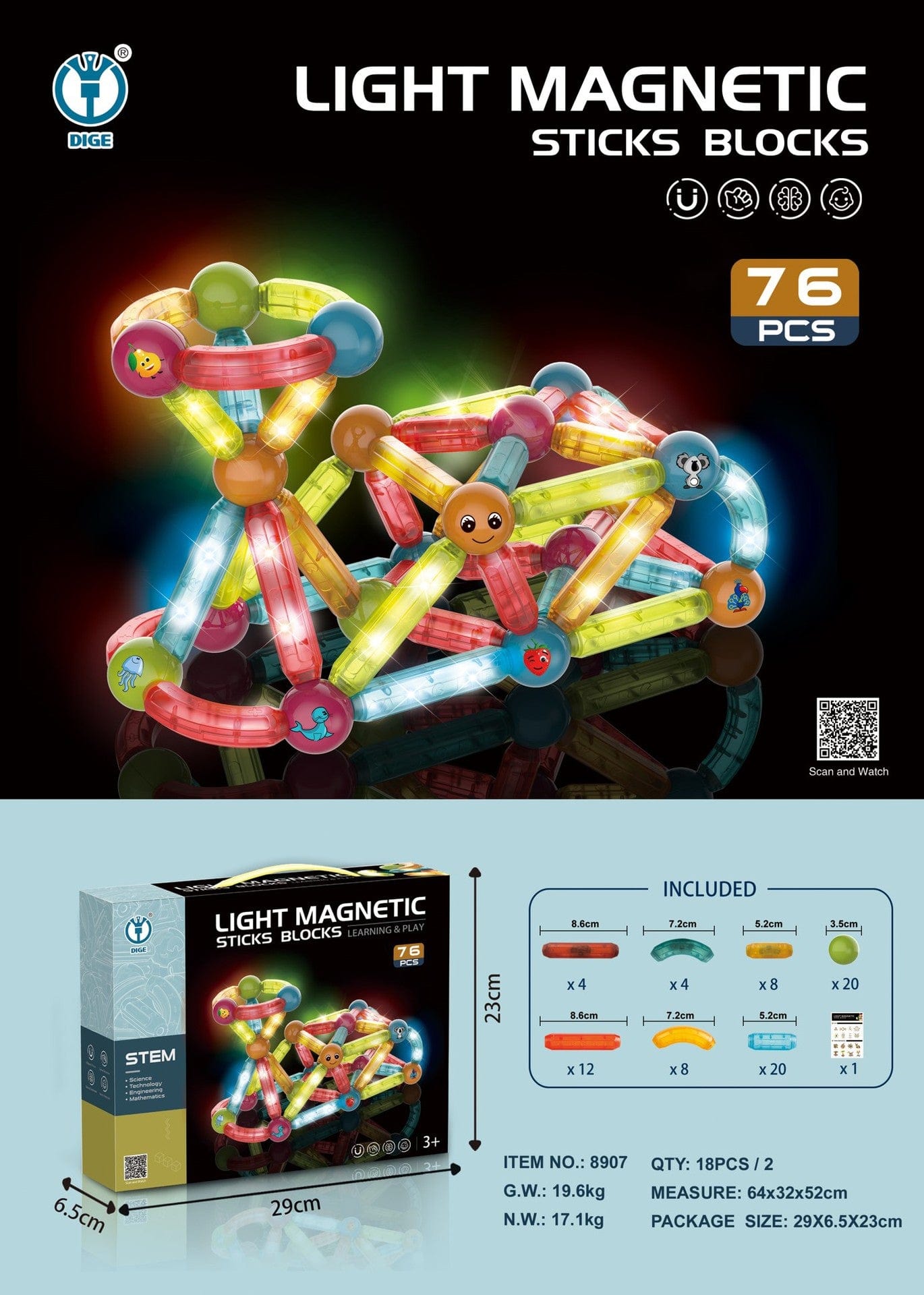 Light Magnetic Sticks Blocks Set