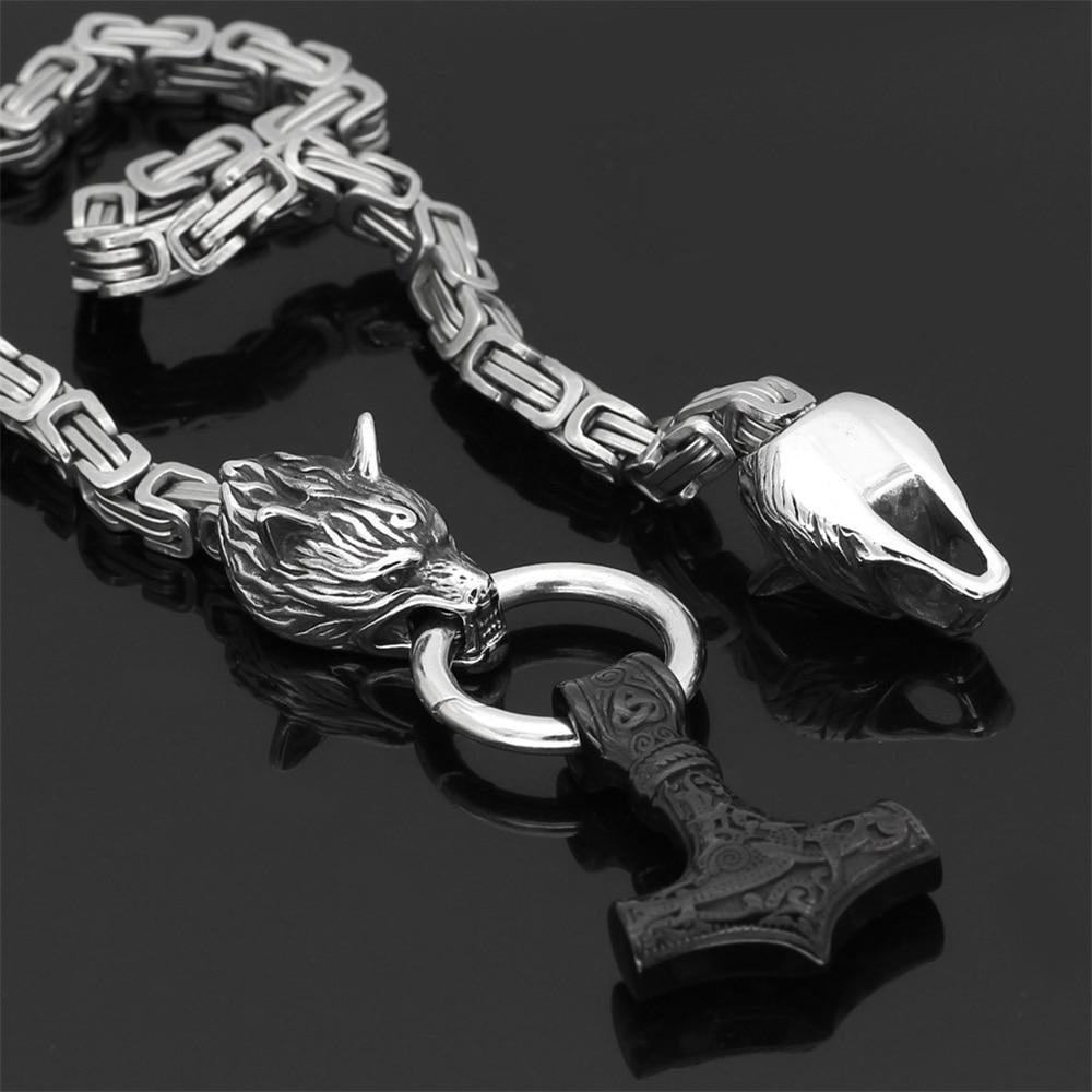 Viking-Inspired Double Wolf & Mjolnir Necklace/Bracelet