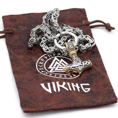 Viking-Inspired Double Wolf & Mjolnir Necklace/Bracelet