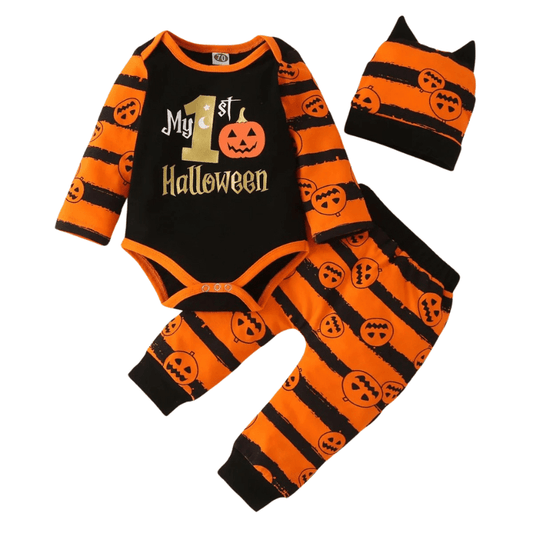 Baby Halloween Costume Letter Pumpkin Romper and Orange Stripe Pants+Hats