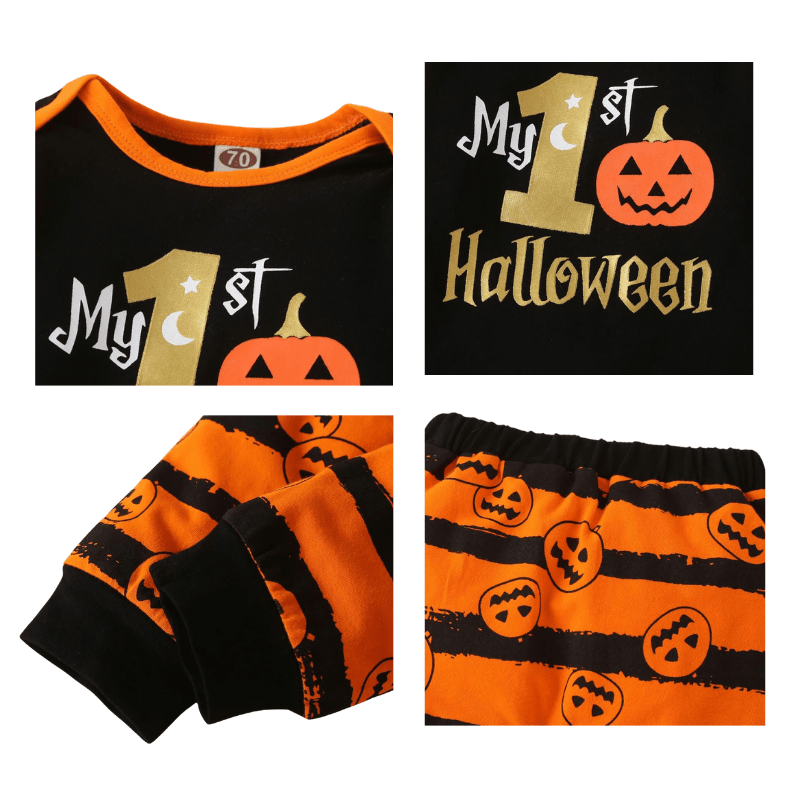 Baby Halloween Costume Letter Pumpkin Romper and Orange Stripe Pants+Hats