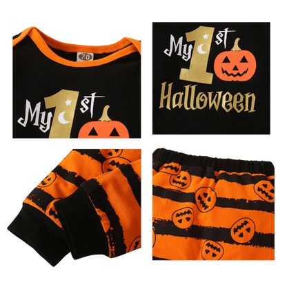 Baby Halloween Costume Letter Pumpkin Romper and Orange Stripe Pants+Hats