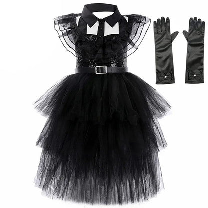 Wednesday Addams Costume Kids Black Gothic Dress