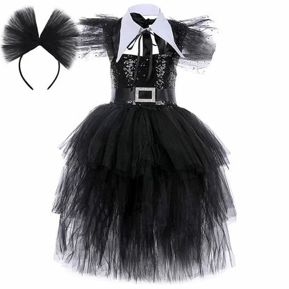 Wednesday Addams Costume Kids Black Gothic Dress