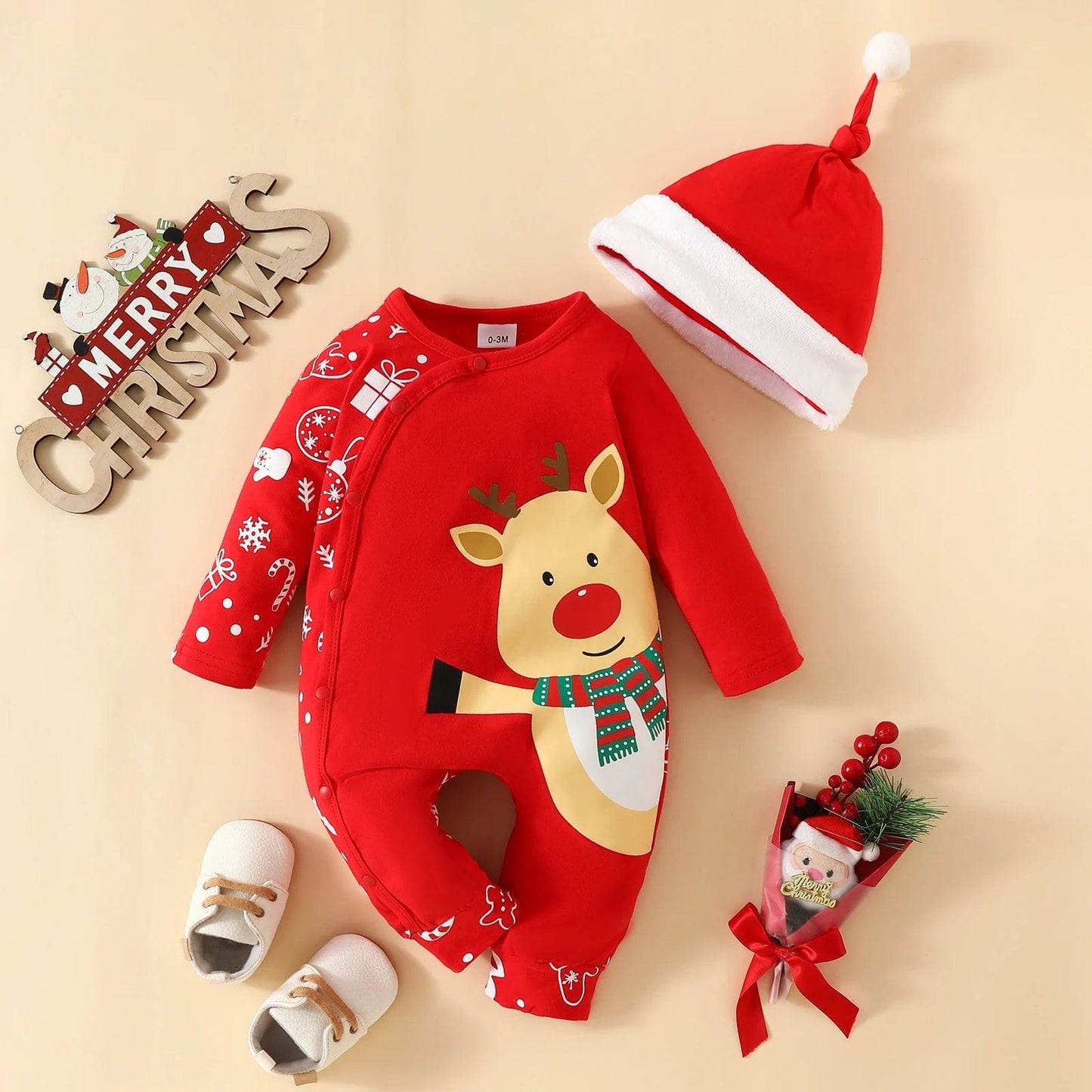 Reindeer Baby Christmas Pajamas & Hat Set