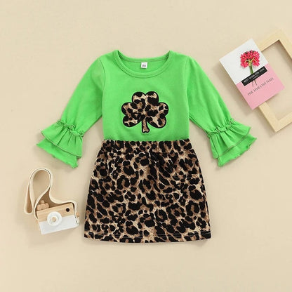 St. Patrick's Day Baby Outfit - Ruffle Top & Leopard Skirt Set