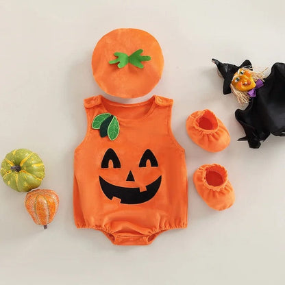 Baby Halloween Costume Pumpkin embroidery bodysuit sleeveless jumpsuits with hat