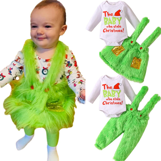 Baby Grinch Costume Onesie and Furry Overalls Set