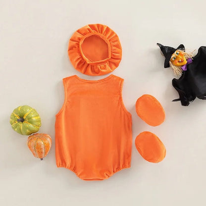 Baby Halloween Costume Pumpkin embroidery bodysuit sleeveless jumpsuits with hat