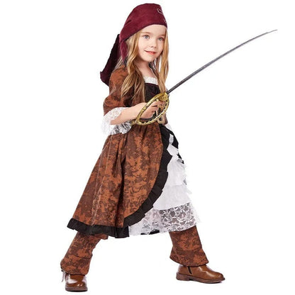 Pirate Costume Girls Brown and White Lace Dress