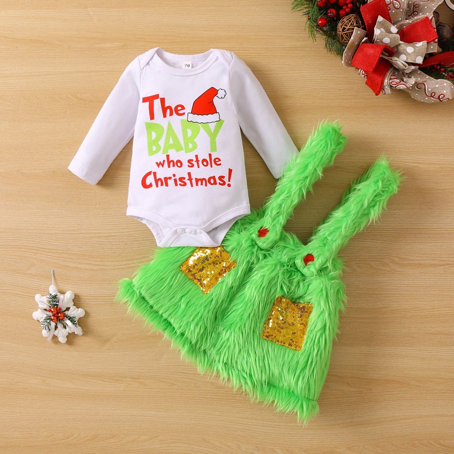 Baby Grinch Costume Onesie and Furry Overalls Set