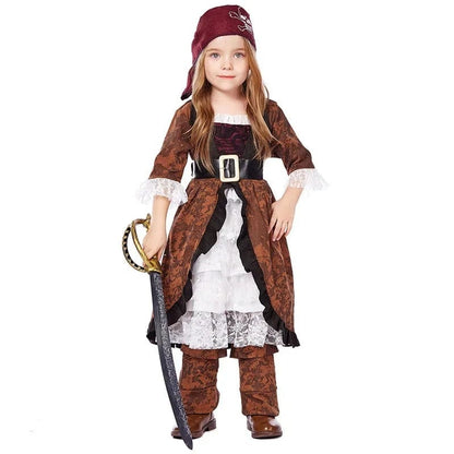 Pirate Costume Girls Brown and White Lace Dress