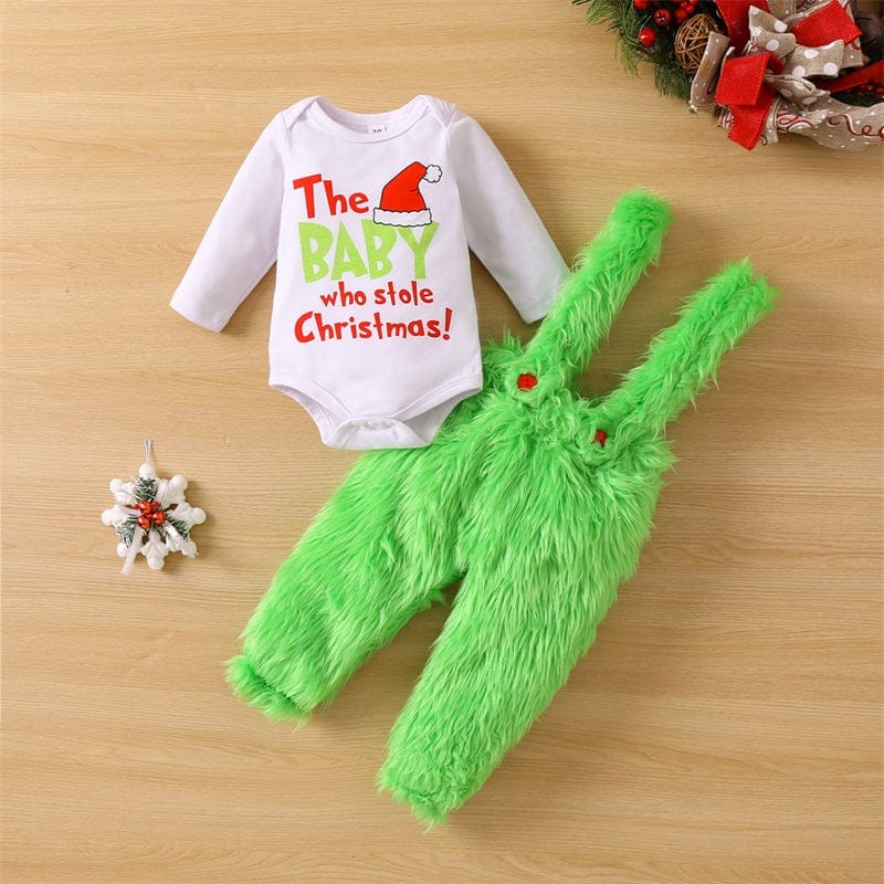 Baby Grinch Costume Onesie and Furry Overalls Set