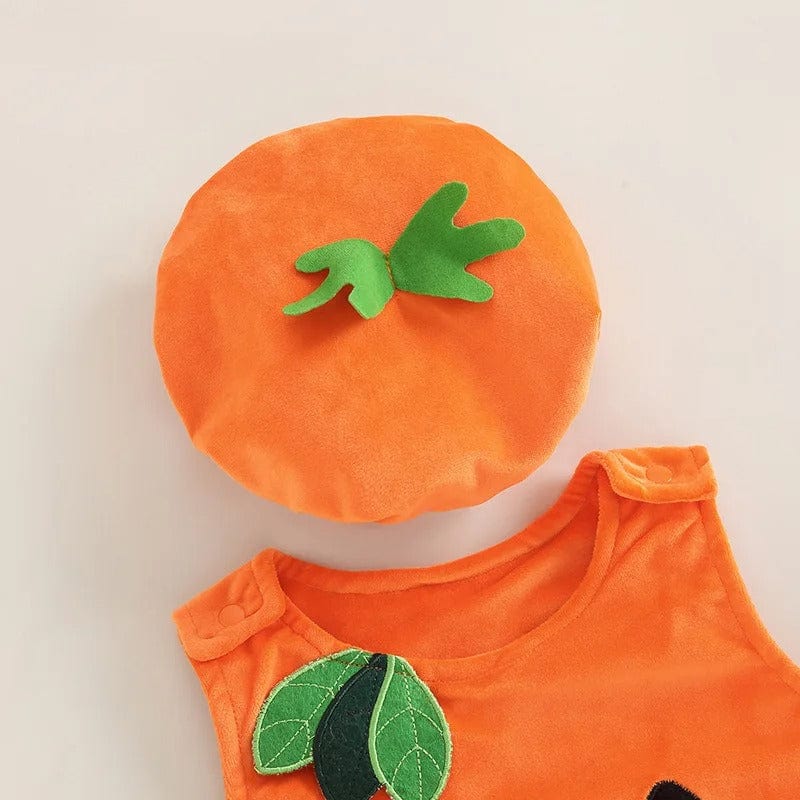 Baby Halloween Costume Pumpkin embroidery bodysuit sleeveless jumpsuits with hat