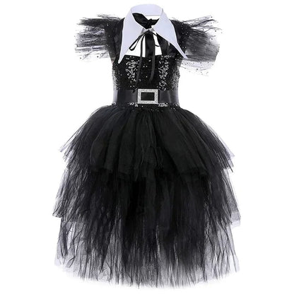 Wednesday Addams Costume Kids Black Gothic Dress