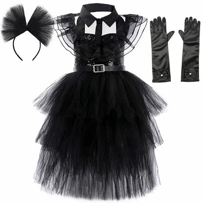 Wednesday Addams Costume Kids Black Gothic Dress